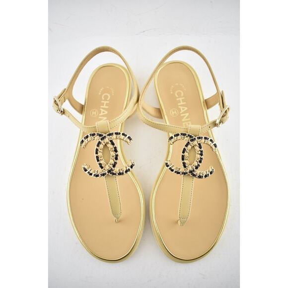 Chanel 19C Beige Lambskin Black Chain Gold CC XL Logo Ankle Strap Sandal Flat 36 - Picture 4 of 12